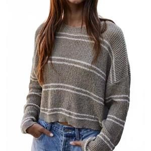 NEW BY TOGETHER knit polyester double striped long sleeve top in burnt olive / c